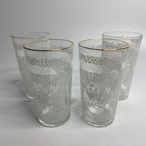 Hazel Atlas Monticello White Beverage Glasses Gold Trim Carriage VTG 5 1/8 in X4